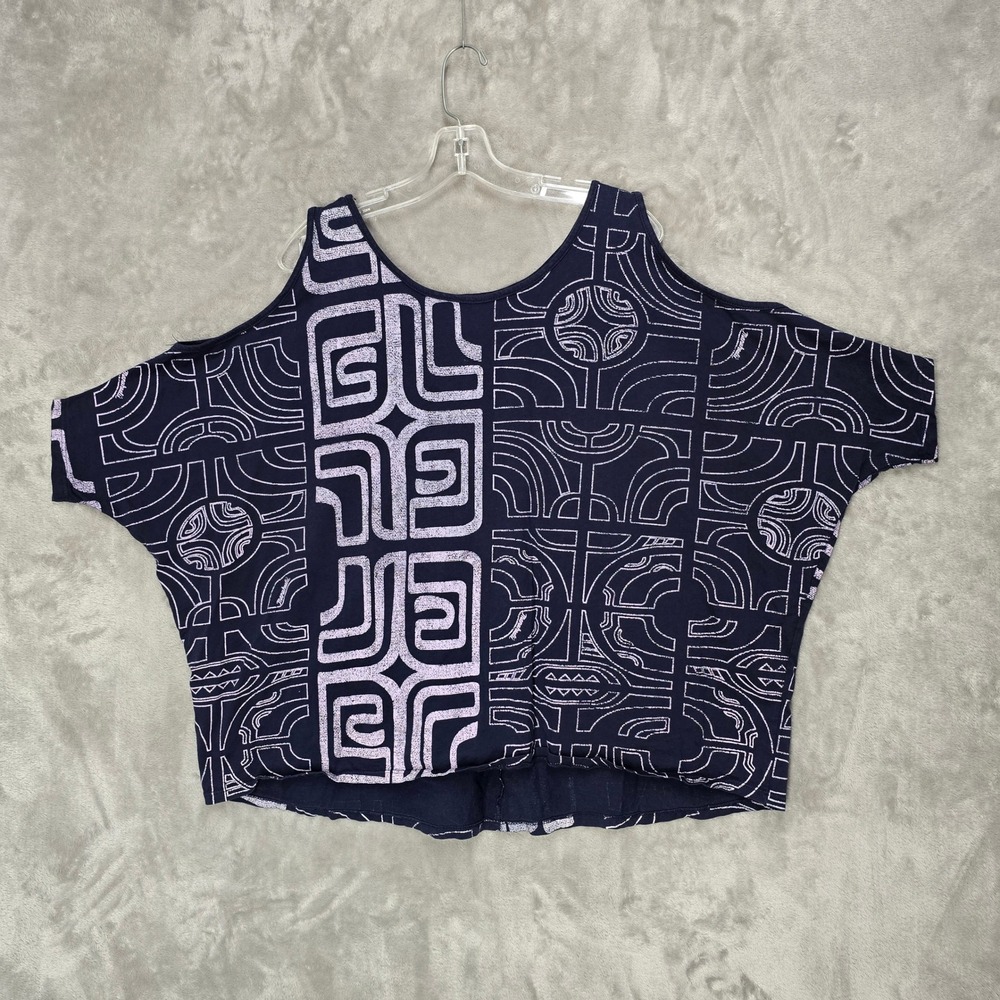Manuhealii Cold Shoulder Top Women L Navy Blue Tribal Geometric Oversized Cotton